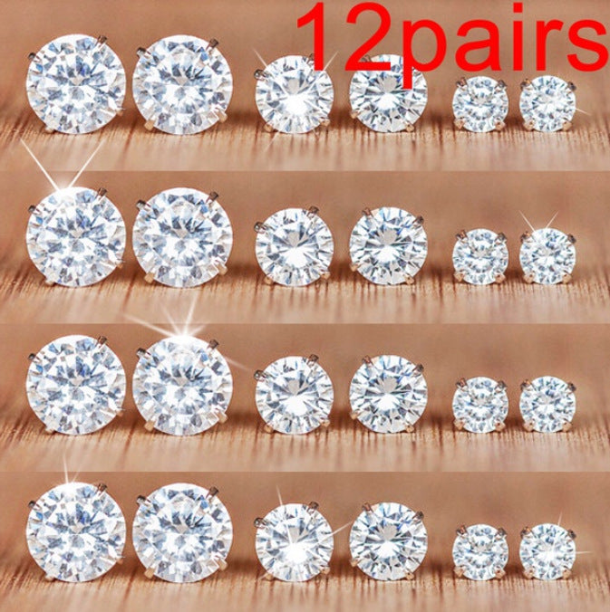 Round Six-claw Crystal Zircon Set 12 Pairs Of Ear Studs