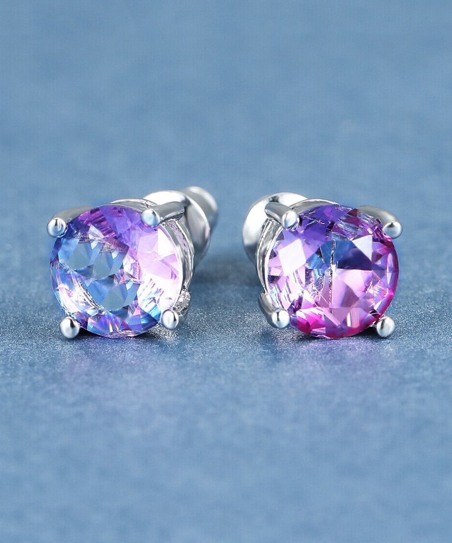 1.25ct Round Cut Purple & Pink  Stud Earrings Bi Color With Austrian Crystals in 18K White Gold Plated